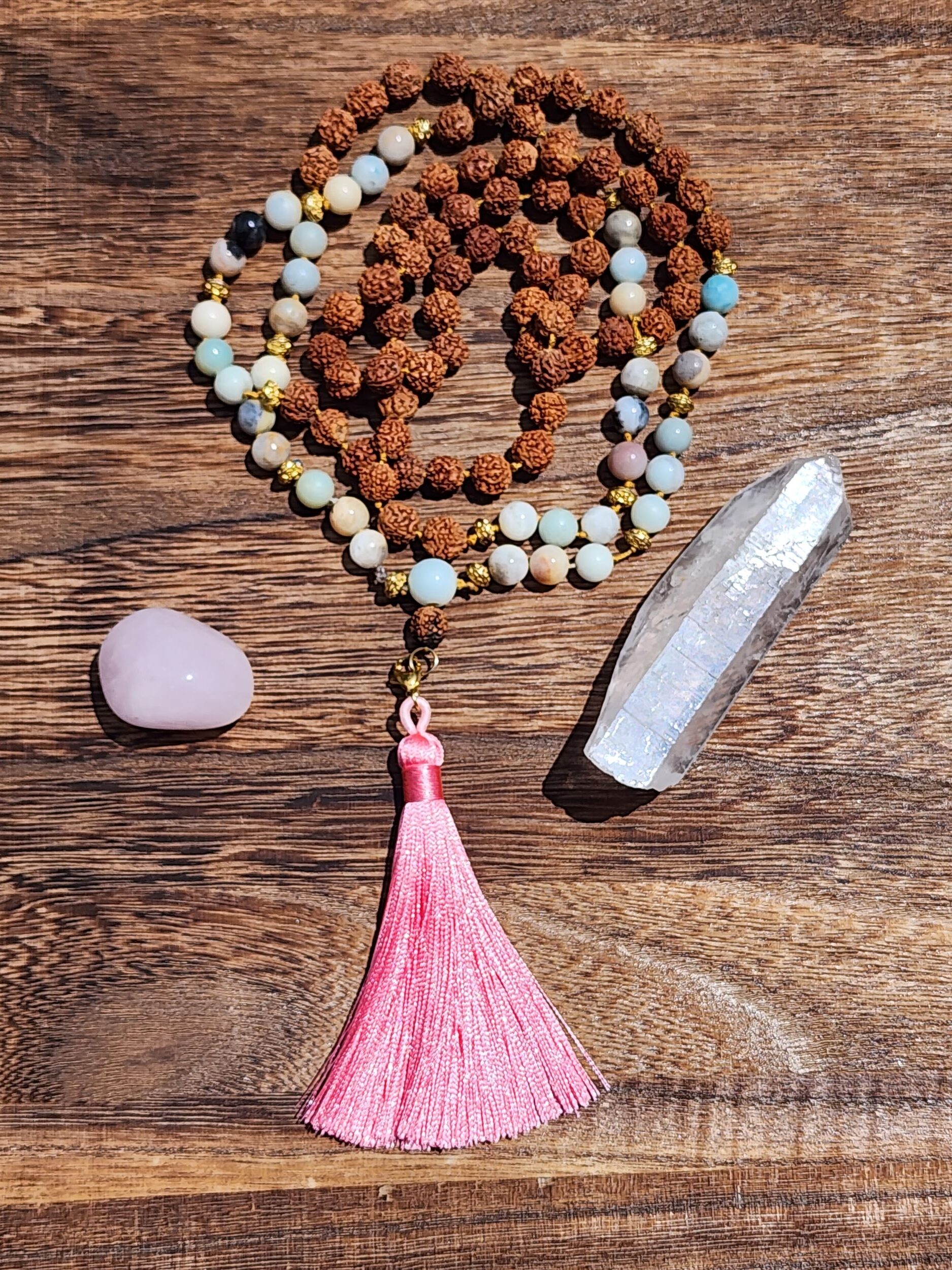 Amazonite Mala featuring Rudraksha seeds, olive wood, and removable pink tassel