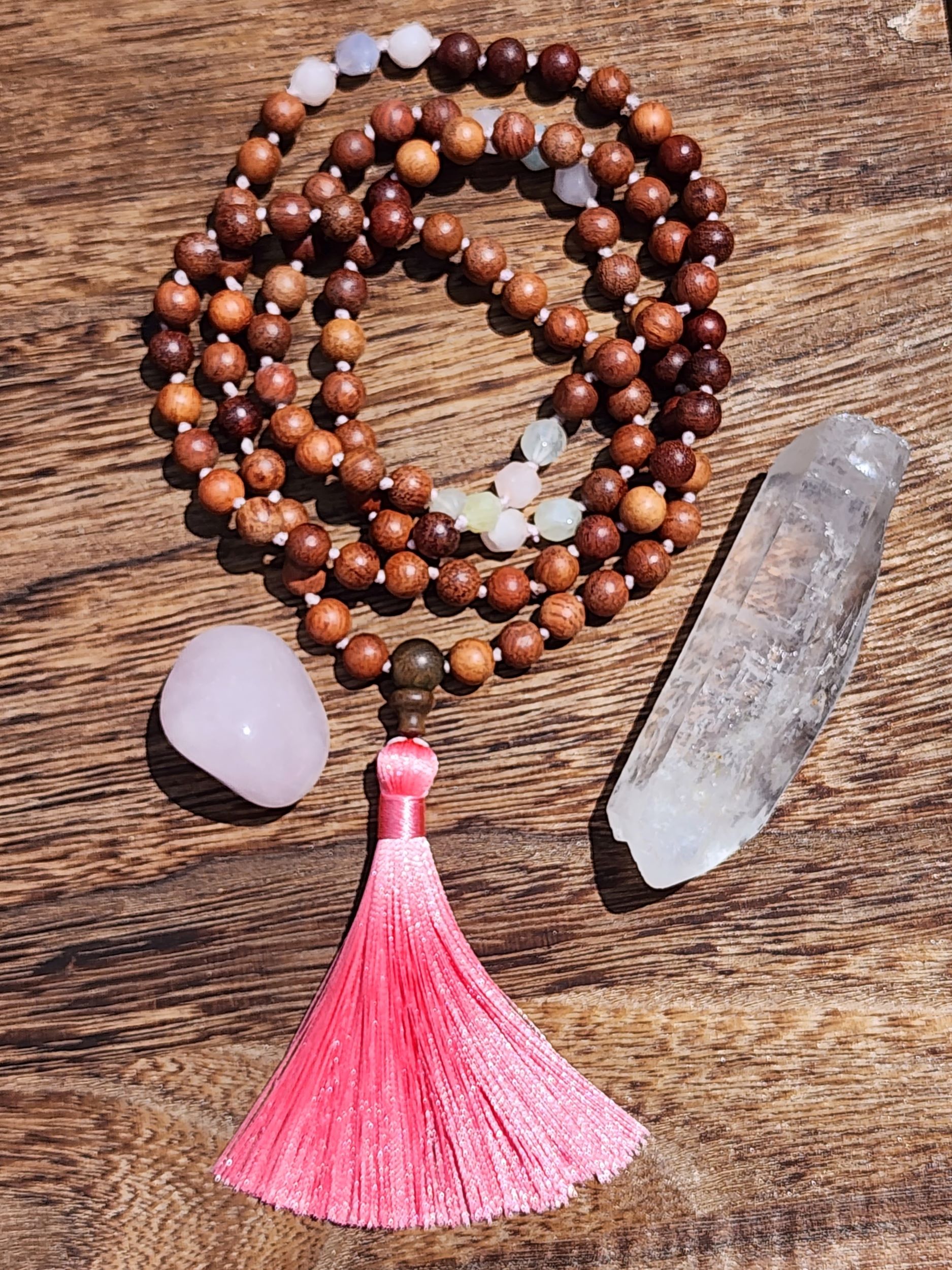 Hand Knotted Morganite Mala featuring olive wood and pink tassel