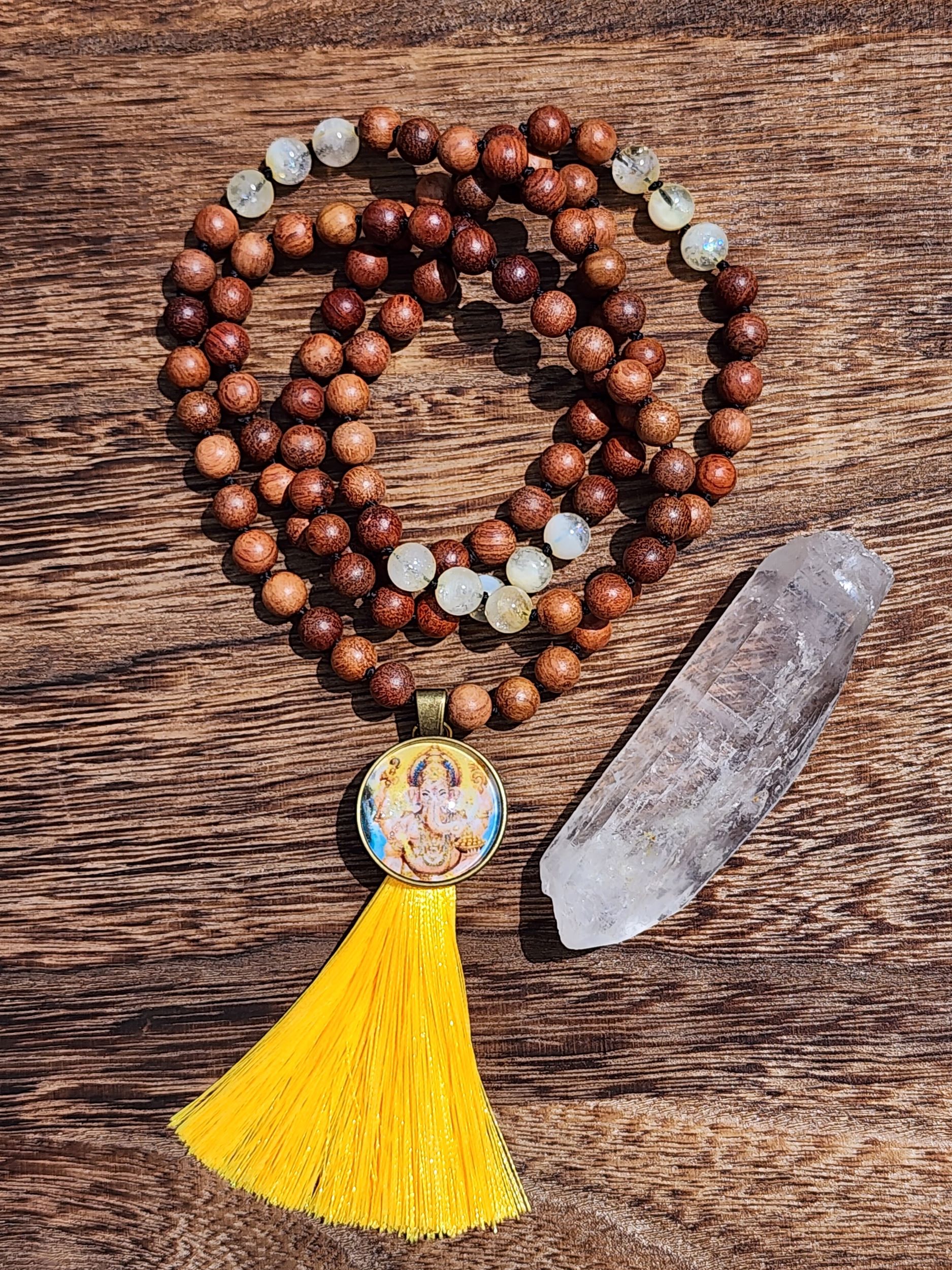Hand Knotted Citrine Mala featuring olive wood, Ganesha cabochon and tassel