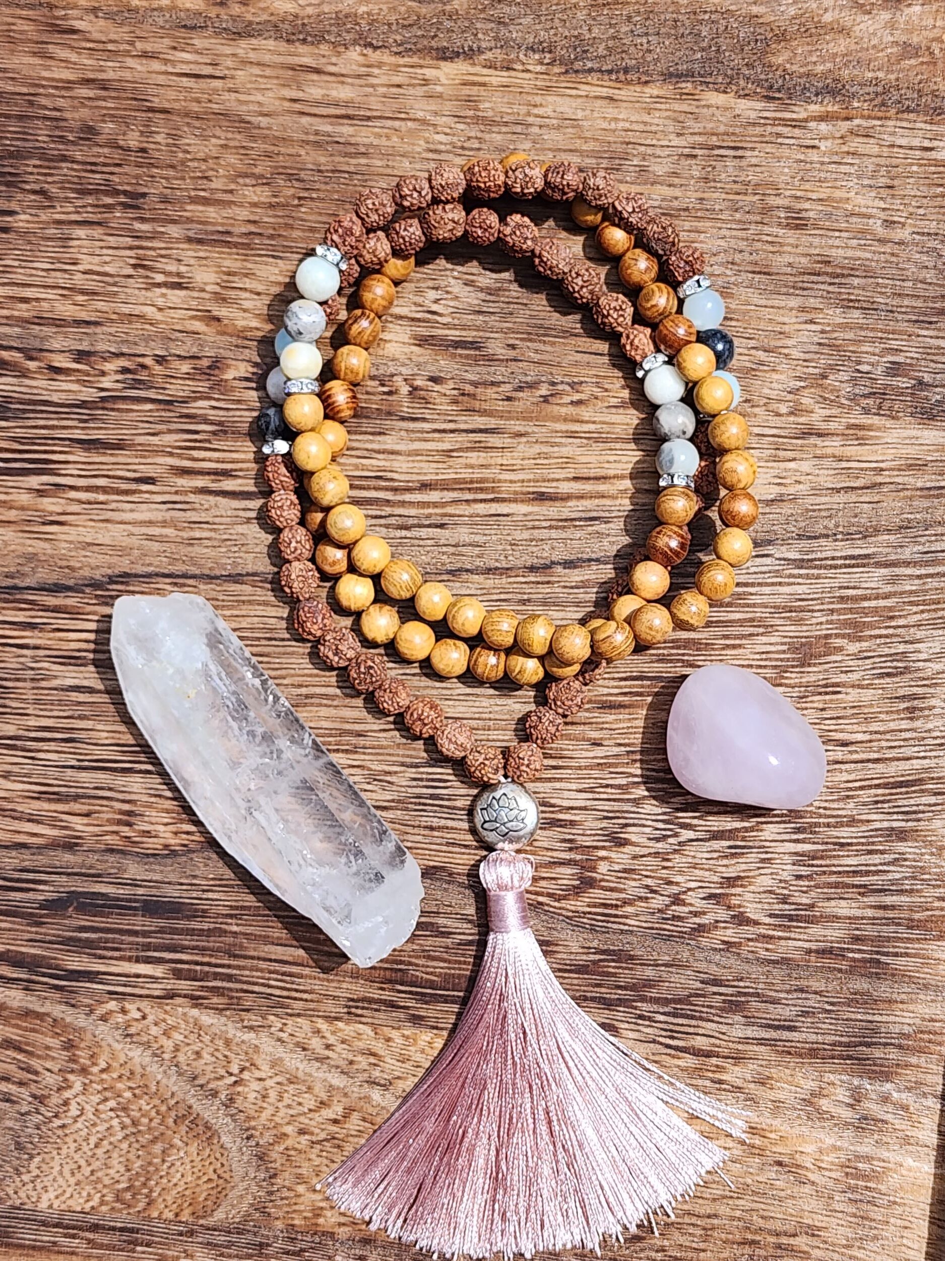 Amazonite Mala featuring Rudraksha seeds, olive wood, lotus bead and pink tassel
