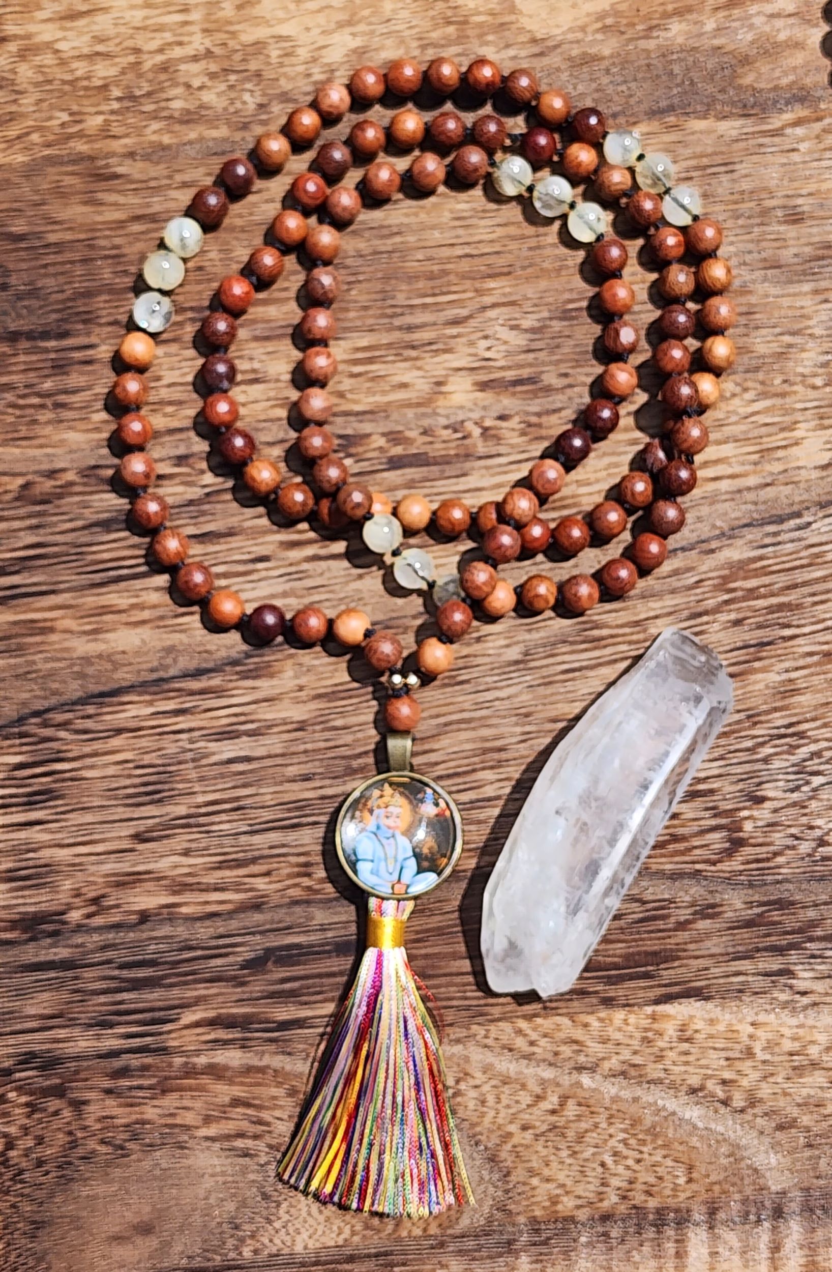 Hand Knotted Citrine Mala featuring olive wood, Hanuman cabochon and tassel